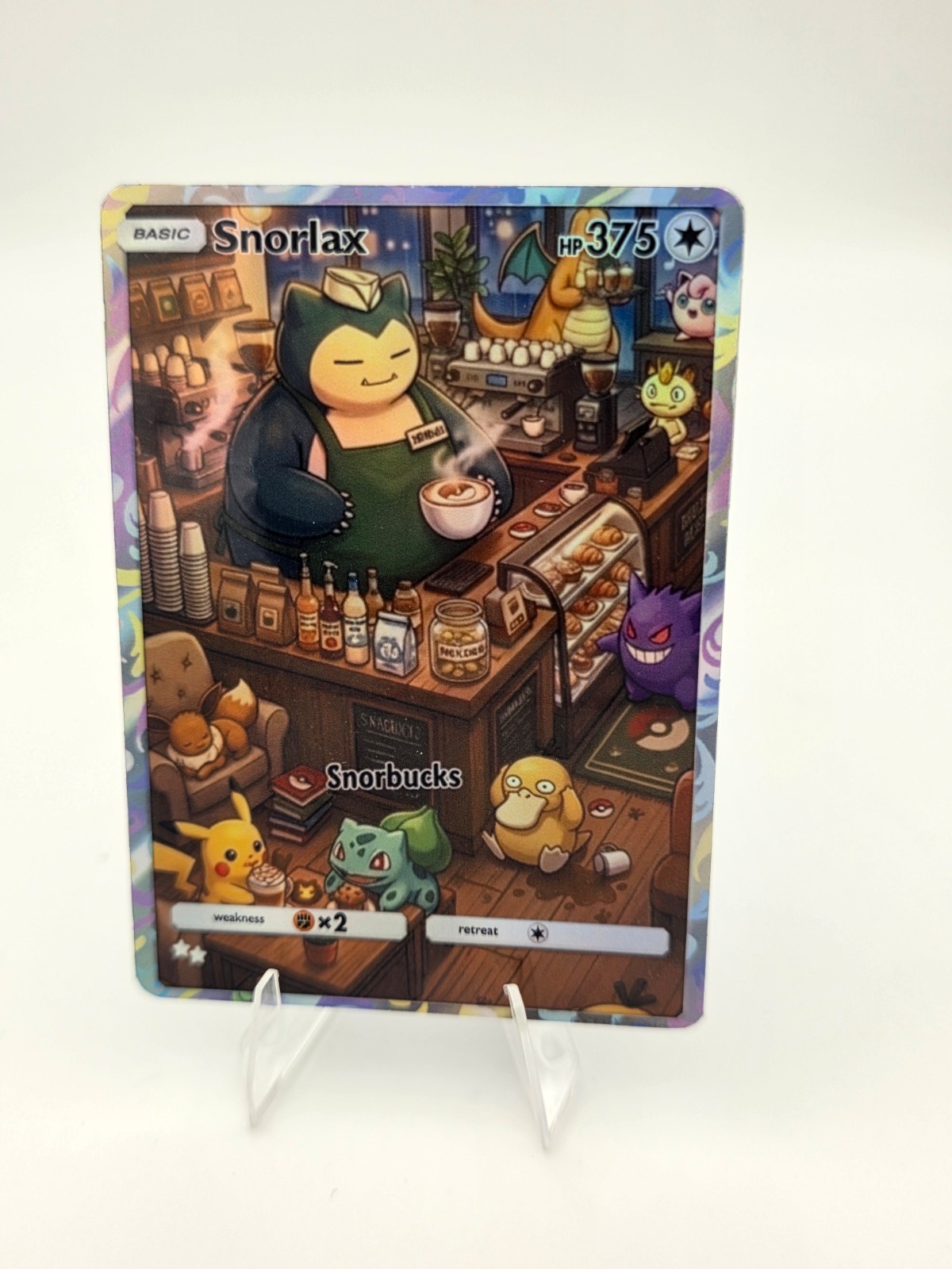 CUSTOM FAN ART Snorlax Coffee Break Holo Card CUSTOM FAN ART Snorlax Coffee Break Holo Card