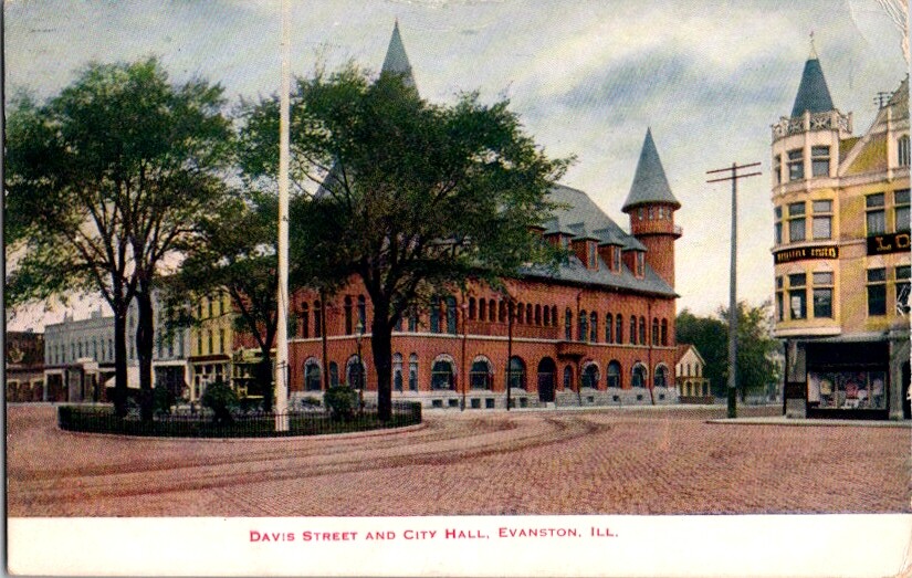 Vintage Postcard Davis Street & City Hall Evanston IL Illinois 1913 H-197 Vintage Postcard Davis Street & City Hall Evanston IL Illinois 1913 H-197