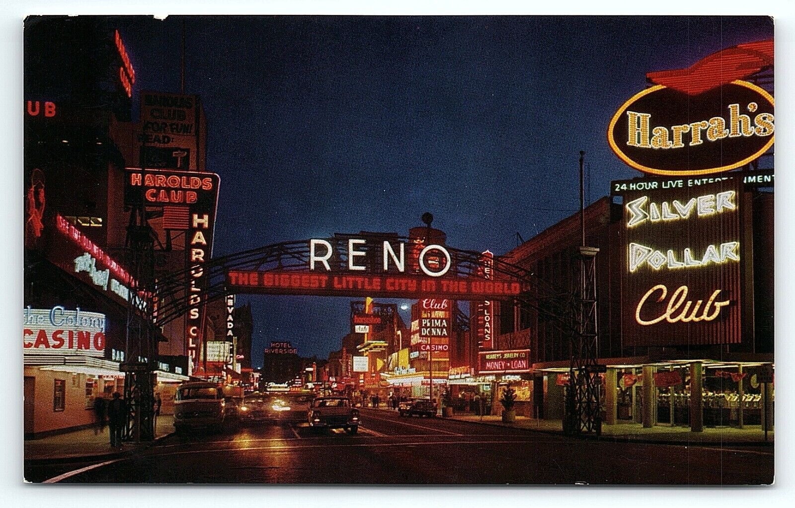 1950s RENO NEVADA HARRAH\'S SILVER DOLLAR CLUB CASINOS NEON LIGHTS POSTCARD P3077