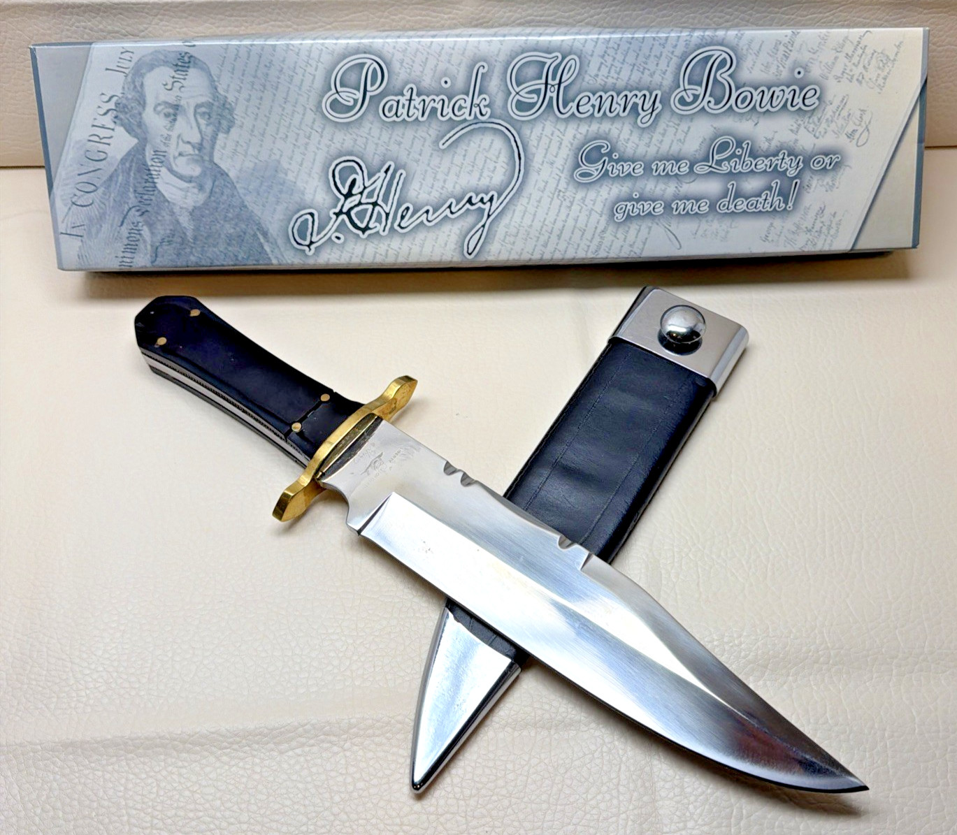 Patrick Henry “Liberty or Death” Bowie Knife Stainless w/ Leather Sheath Box Patrick Henry “Liberty or Death” Bowie Knife Stainless w/ Leather Sheath Box