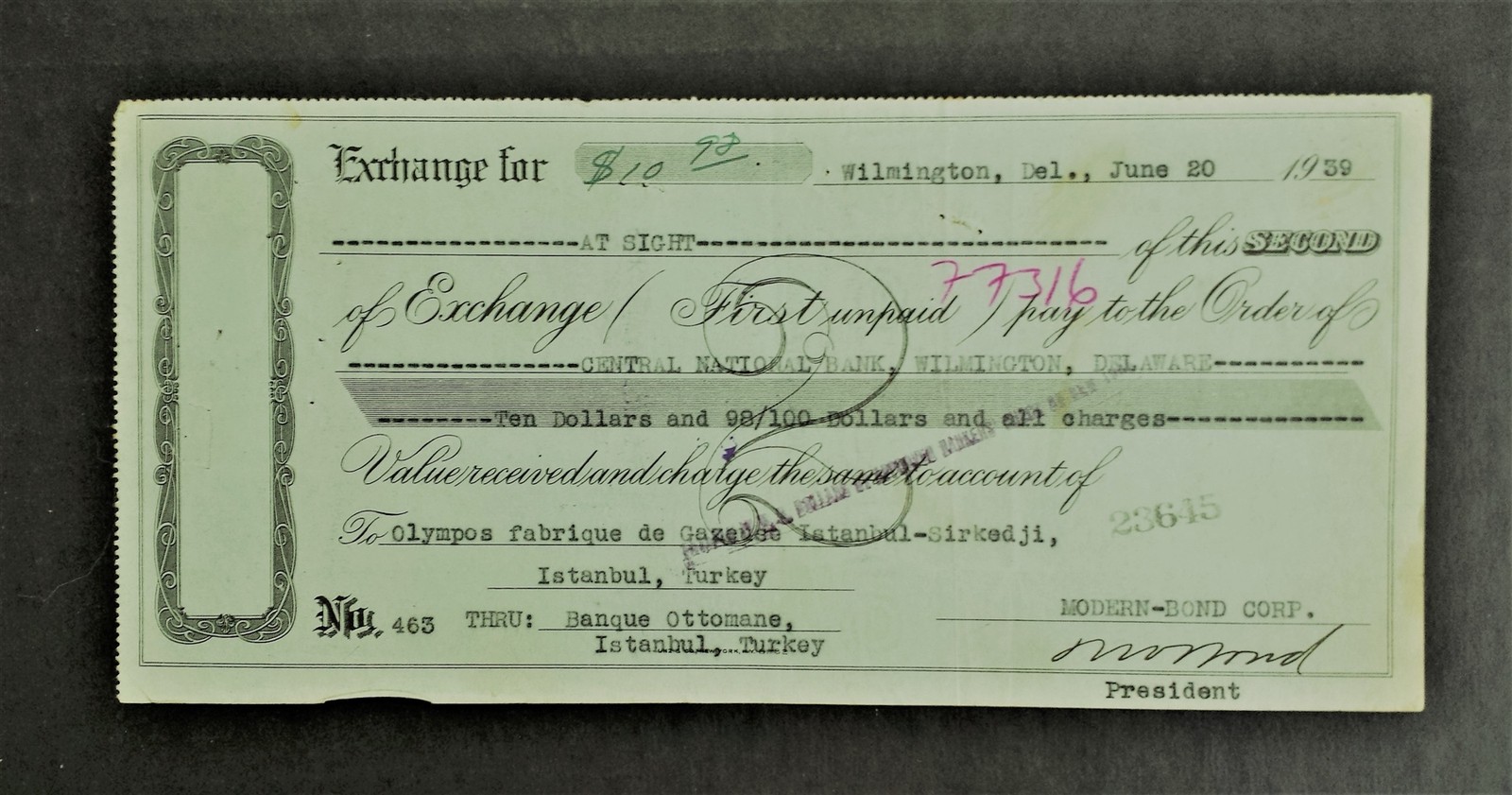 1939 antique MODERN-BOND CENTRAL NATION BANK Check wilmington de EXCHANGE turkey 1939 antique MODERN-BOND CENTRAL NATION BANK Check wilmington de EXCHANGE turkey