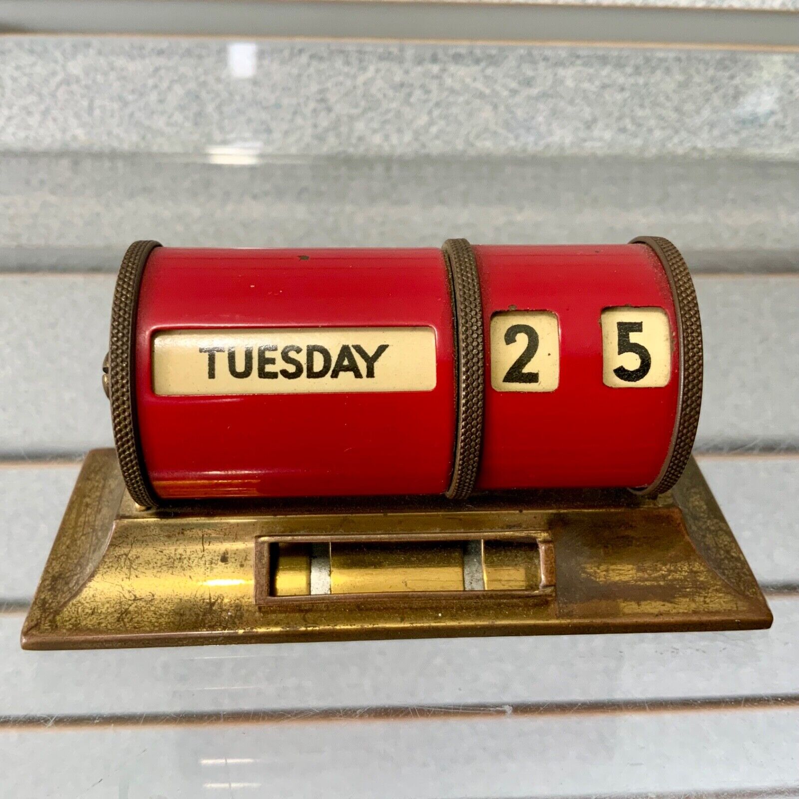 💥1930s GERMAN Art Deco Brass 💥 Barrel Cylinder Red Desk Perpetual Calendar 💥