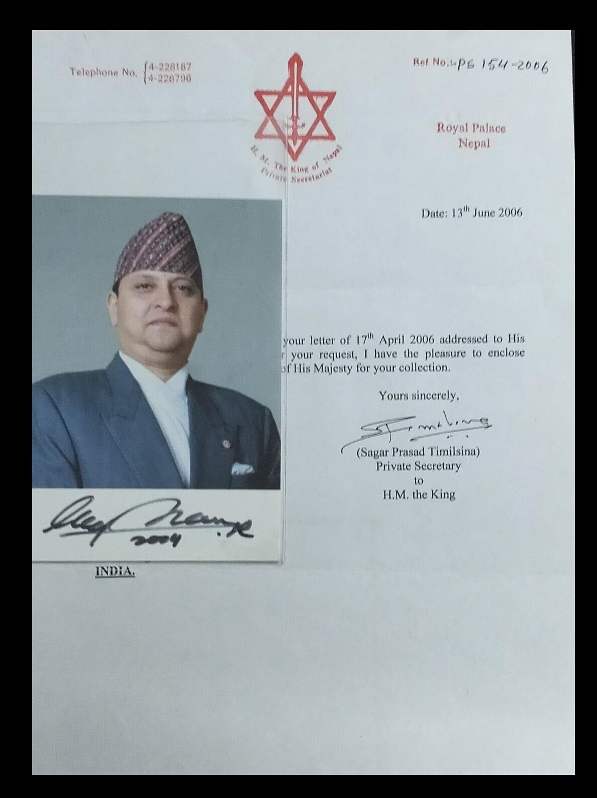 115.SIGNED PHOTO HIS MAJESTY GYANENDRA BIR VIKRAM SHAH DEV  KING OF NEPAL. 5
