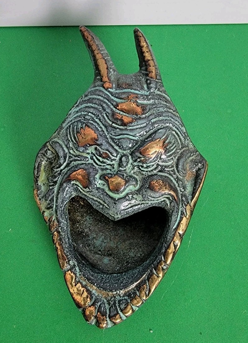 Vintage 5" Horned Devil, Satan, Lucifer Ashtray Holder, Copper Wash Cast Iron 