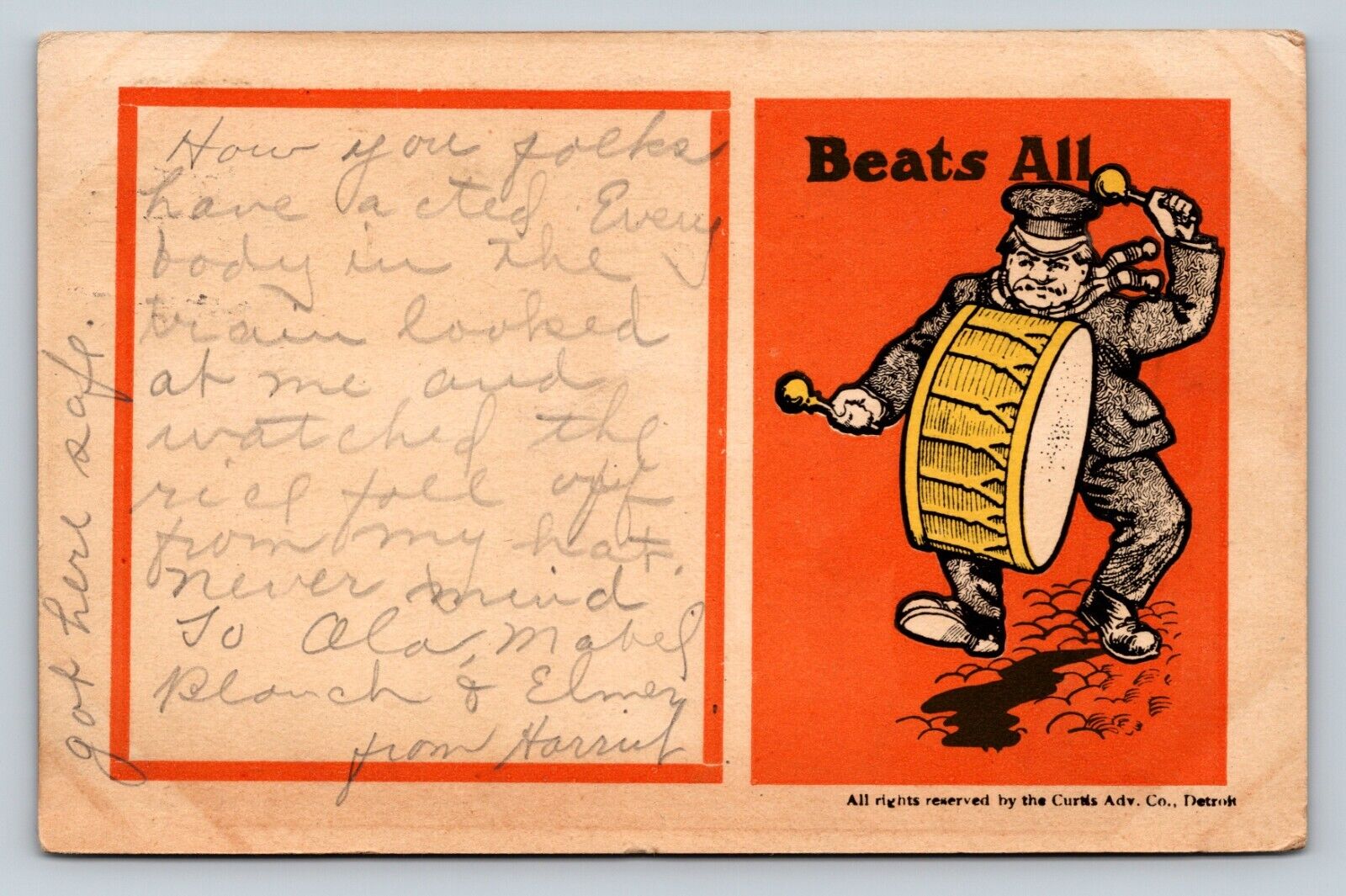 c1908 Man On The Drums, Beats All Curtis Adv. Co. ANTIQUE Comic Postcard