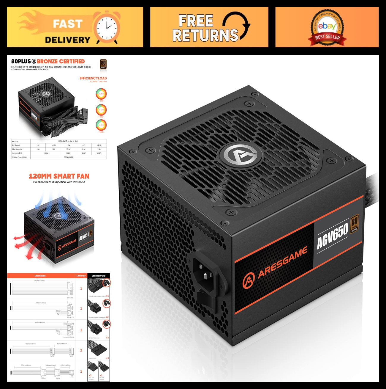 ARESGAME AGV Series 650W Power Supply, 80 Plus Bronze Certified, Non Modular Pow ARESGAME AGV Series 650W Power Supply, 80 Plus Bronze Certified, Non Modular Pow