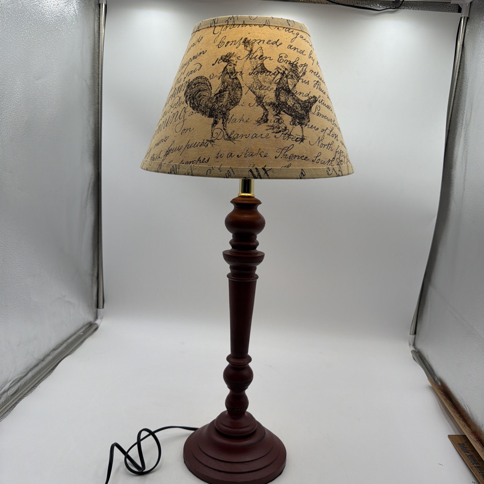 Wooden Distressed Burgundy Lamp Base W/ French Country Shade Wooden Distressed Burgundy Lamp Base W/ French Country Shade