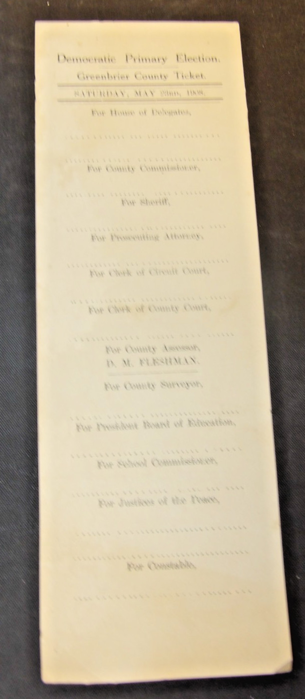Super Rare 1908 Democratic Primary Ballot Greenbrier Co. West Virginia Super Rare 1908 Democratic Primary Ballot Greenbrier Co. West Virginia