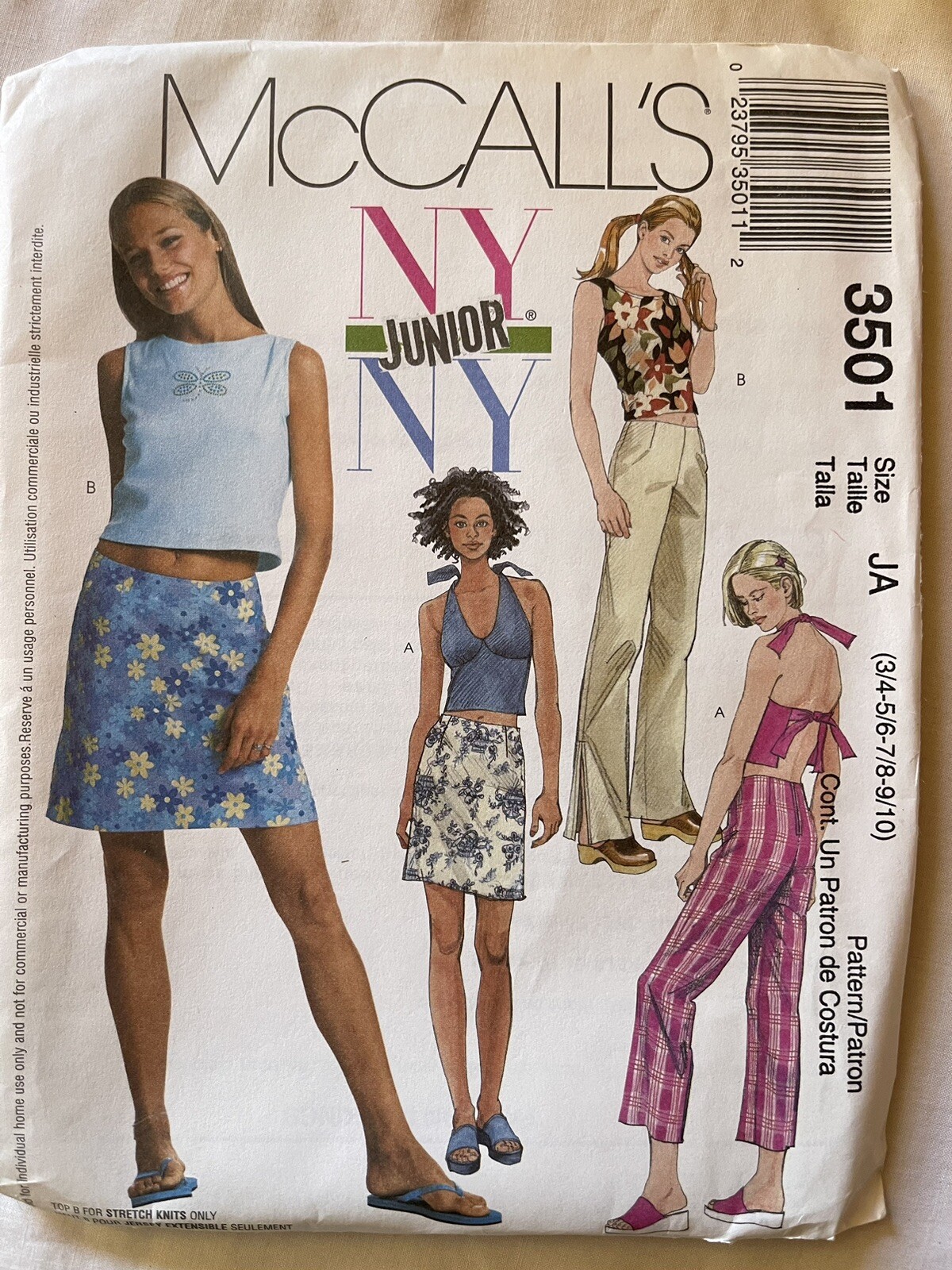 McCALL'S NY JUNIOR, 3501, SIZE JA (3/4 - 9/10) TOP, SKIRT, PANTS, * UNCUT * 2002