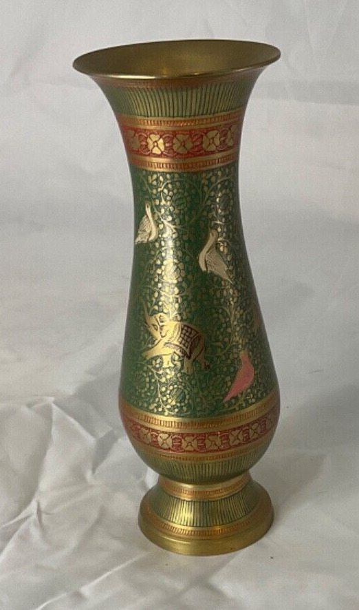 Vintage Brass Etched Hand Painted Green Red Gold Vase India 7.5” elephant birds