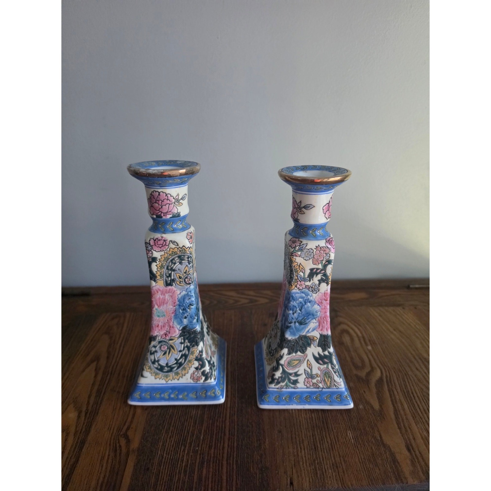 Vintage Chinoiserie Chinese Porcelain Candlesticks 8.5" Tall Flowers
