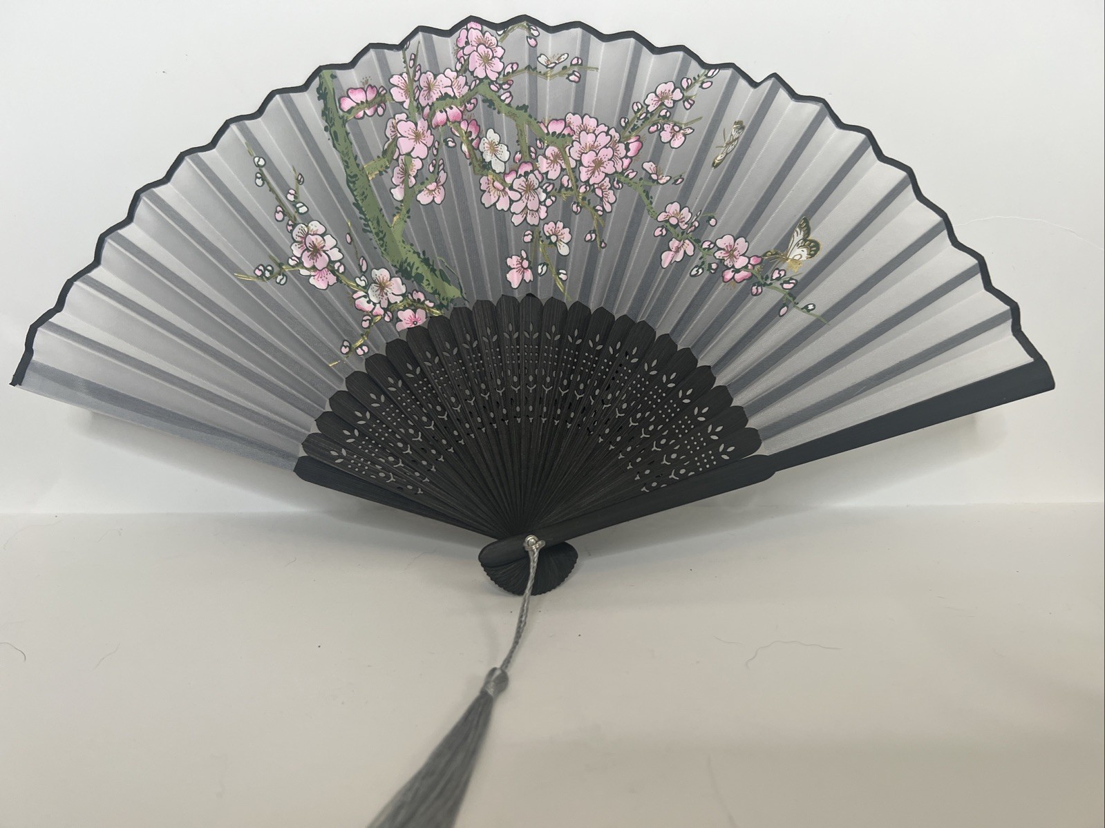 Vintage Japanese Silk Folding Hand Fan Sheer Grey Pink Cherry Blossom Butterfly Vintage Japanese Silk Folding Hand Fan Sheer Grey Pink Cherry Blossom Butterfly