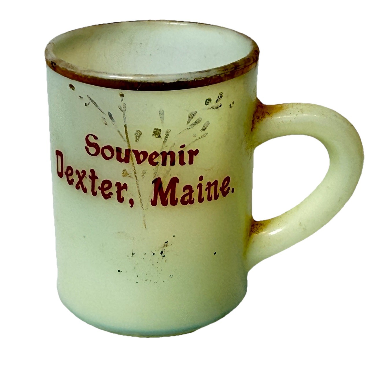 DEXTER MAINE ME Uranium Antique Custard Glass Souvenir Trinket MINI CUP MUG