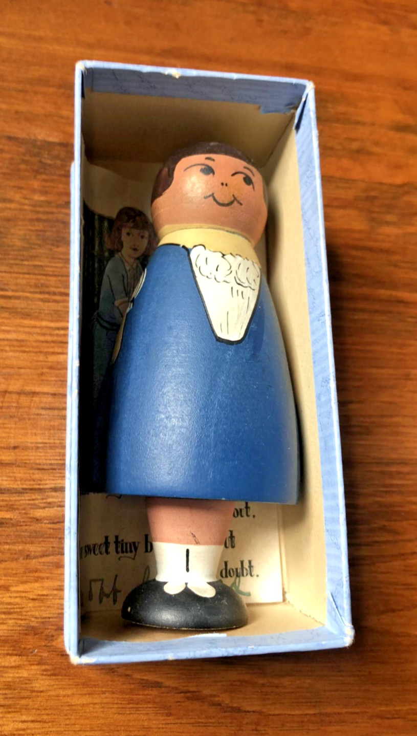 Vintage Folk Art Wooden Girl blue dress Needle Pin Case Holder 5" original box Vintage Folk Art Wooden Girl blue dress Needle Pin Case Holder 5" original box