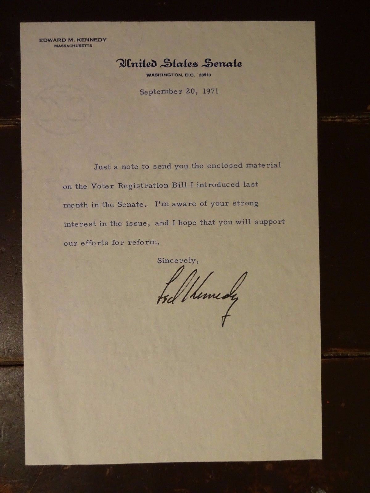 SIGNED Edward Kennedy Personal Letter - September 20, 1971