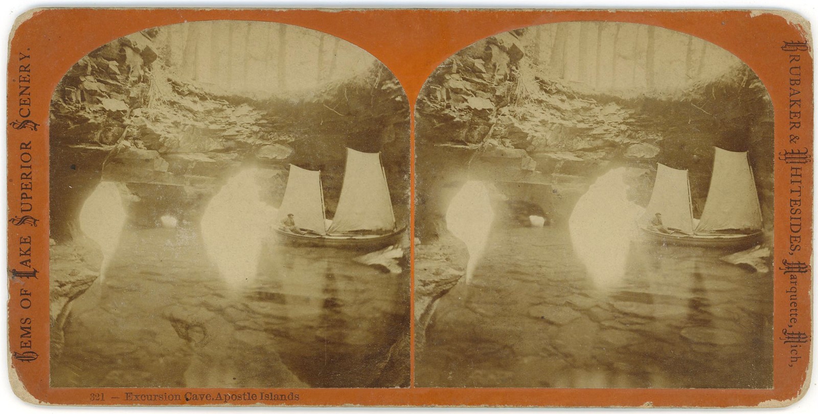 WISCONSIN STEREOVIEW - Apostle Islands Cave & Boat - BF Childs 1870s WISCONSIN STEREOVIEW - Apostle Islands Cave & Boat - BF Childs 1870s