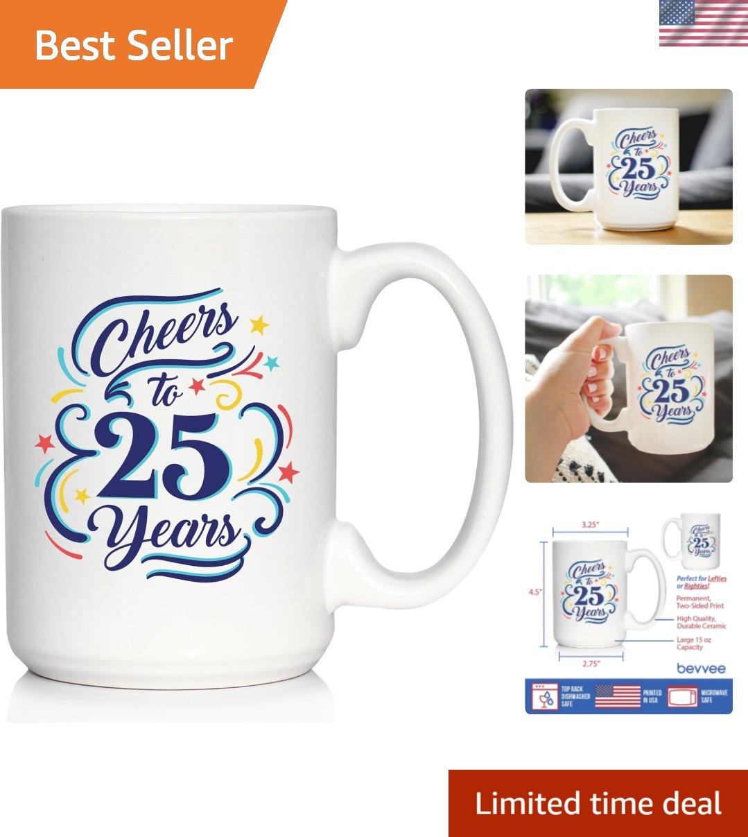 Cheers to 25 Ceramic Coffee Mug 25th Anniversary - 15 oz Cheers to 25 Ceramic Coffee Mug 25th Anniversary - 15 oz