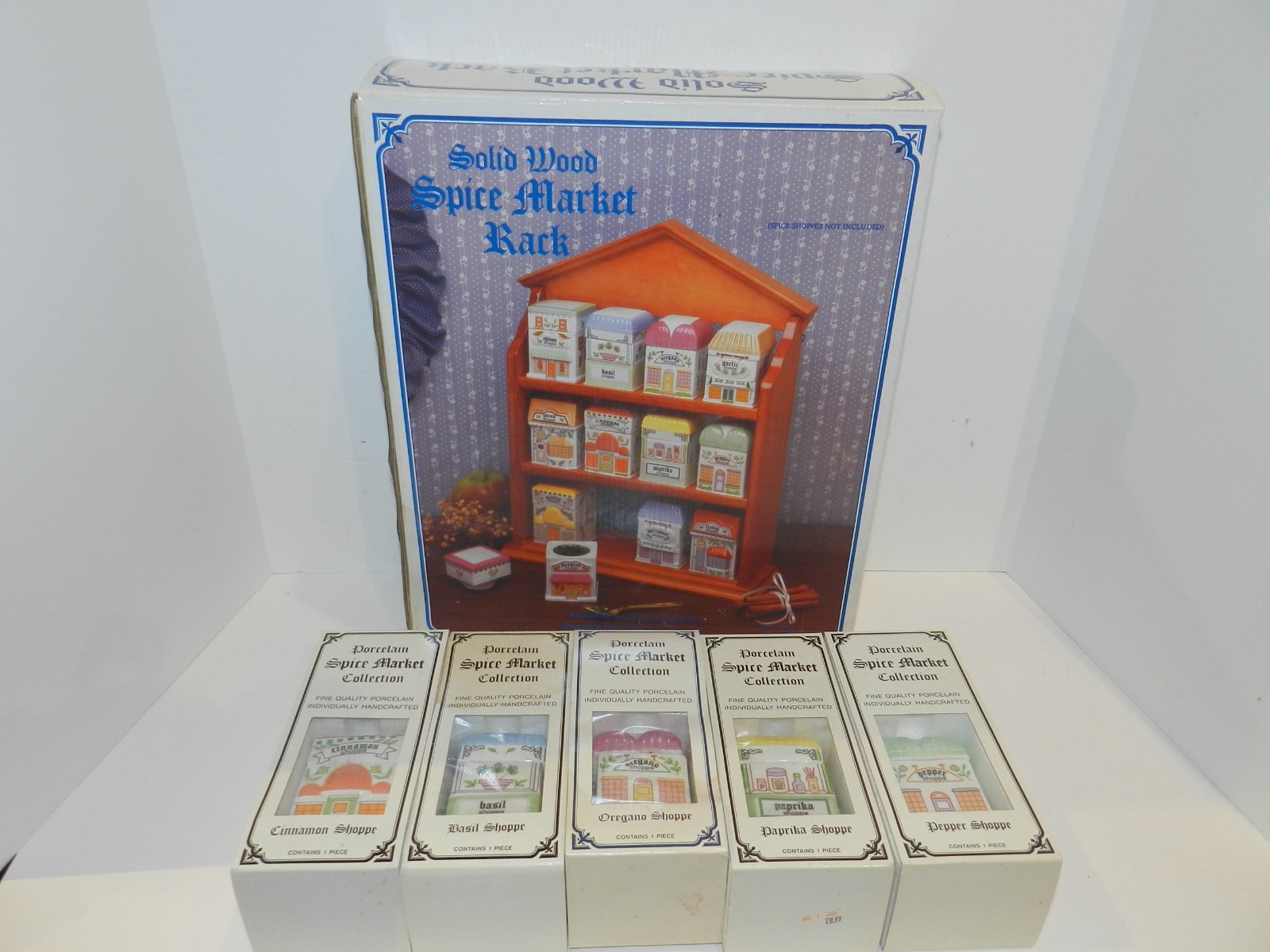 1990 EPI International Spice Market Spice Village Jars Set + Wood Rack CIB RARE 1990 EPI International Spice Market Spice Village Jars Set + Wood Rack CIB RARE