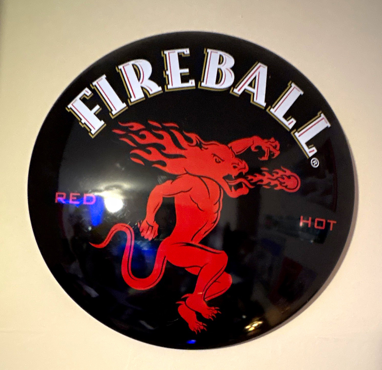 Fireball Red Hot Distillery Advertising Sign - Round Black & Red Fireball Red Hot Distillery Advertising Sign - Round Black & Red