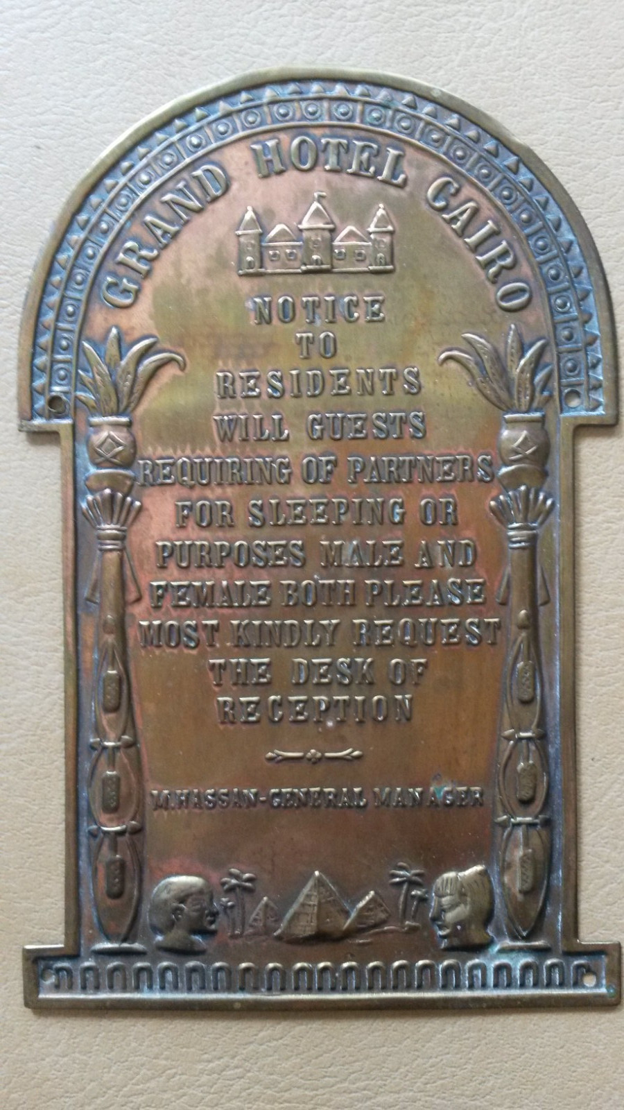 Grand Hotel Cairo Egypt Vintage Sign Plaque Notice To Residents Partners Brass Grand Hotel Cairo Egypt Vintage Sign Plaque Notice To Residents Partners Brass