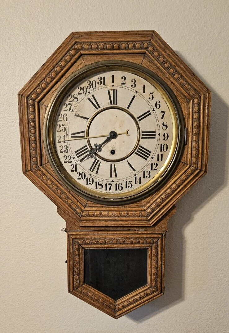 Regulator Clock Gilbert 31 Day Octagon Oak Case Antique For Repair