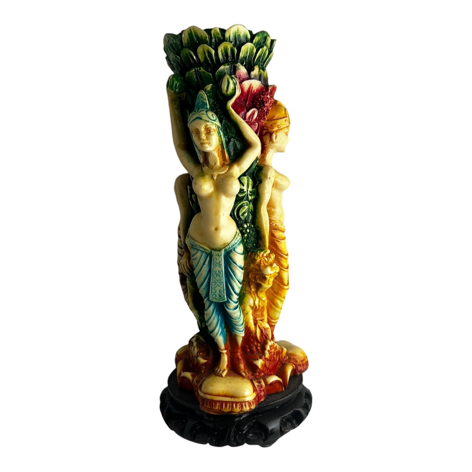 Vintage Three Hindu Goddesses Resin 10” Candle Holder Vase. Vintage Three Hindu Goddesses Resin 10” Candle Holder Vase.