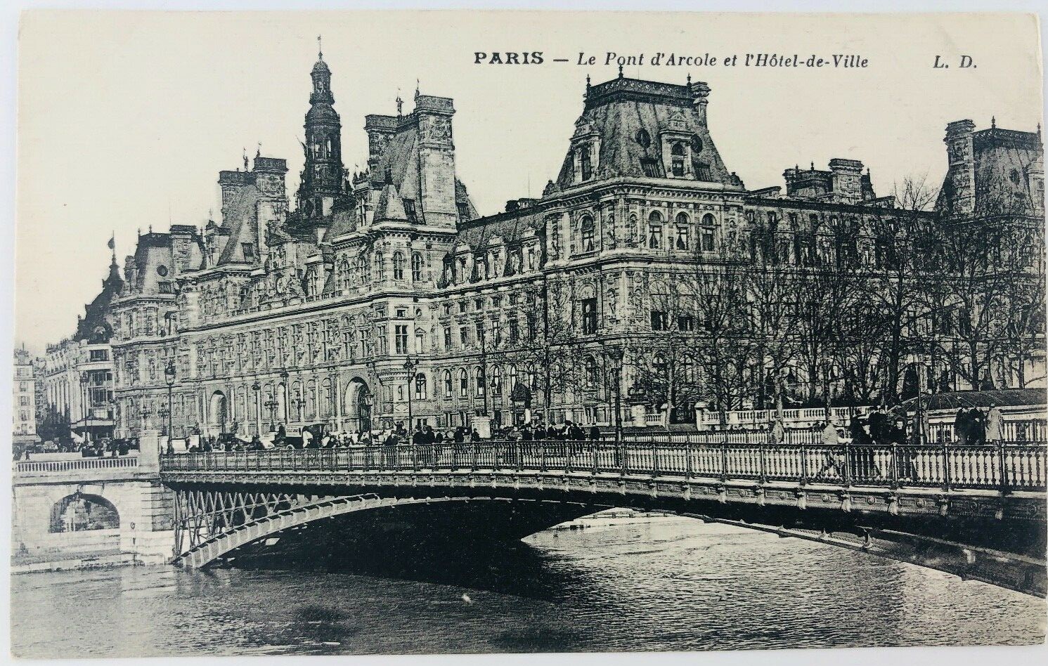Vintage Paris France RPPC Arcole Bridge at Hotel de Ville People Walking Water Vintage Paris France RPPC Arcole Bridge at Hotel de Ville People Walking Water