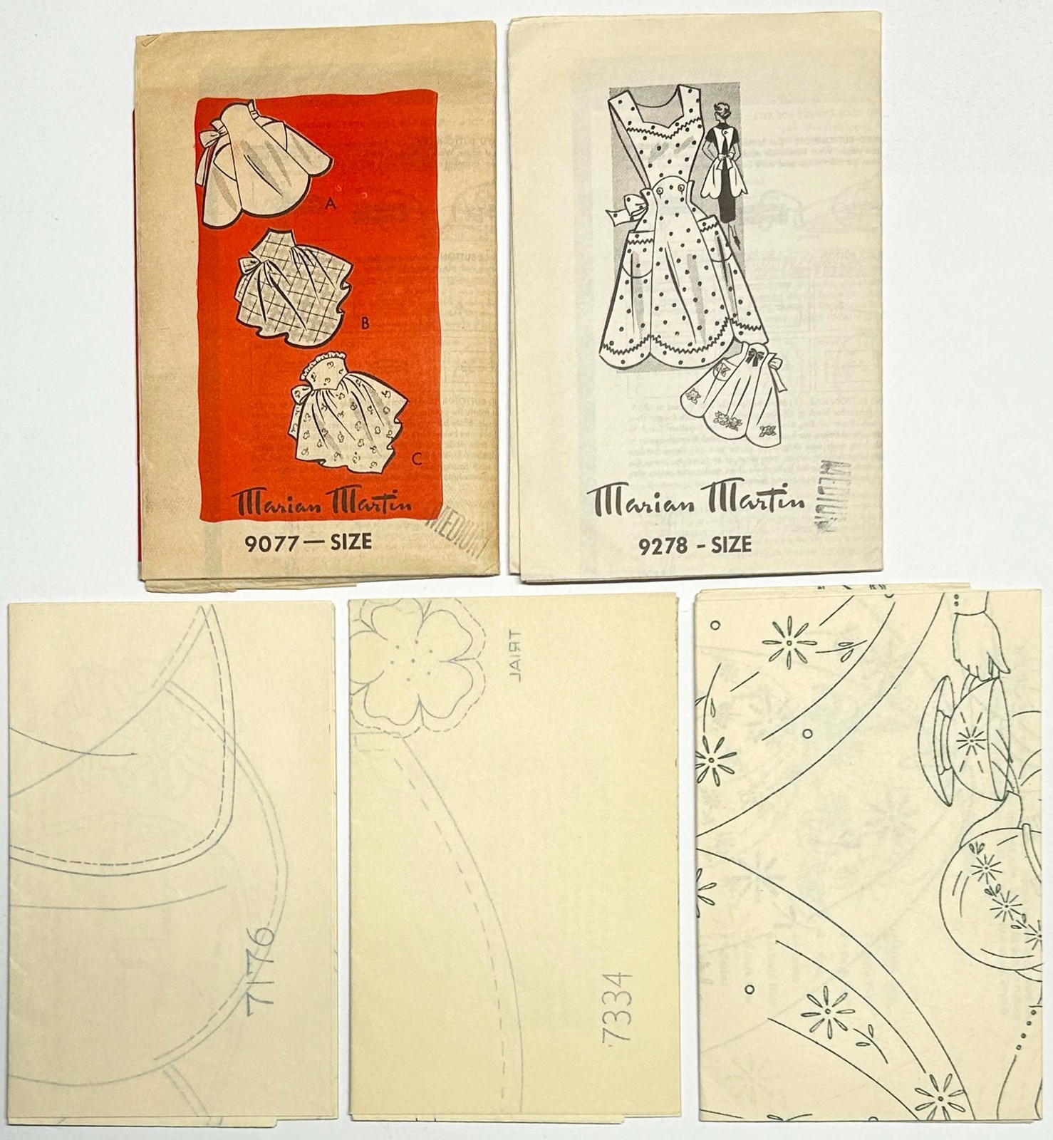2 Vintage Marian Martin Patterns Aprons 9077 & 9278 Size M w/3 Transfer Designs