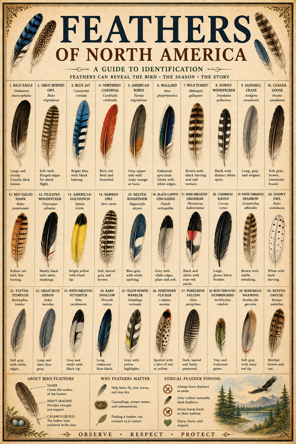 Feathers of North America Poster 13x19 – Vintage Bird Feather Identification Feathers of North America Poster 13x19 – Vintage Bird Feather Identification