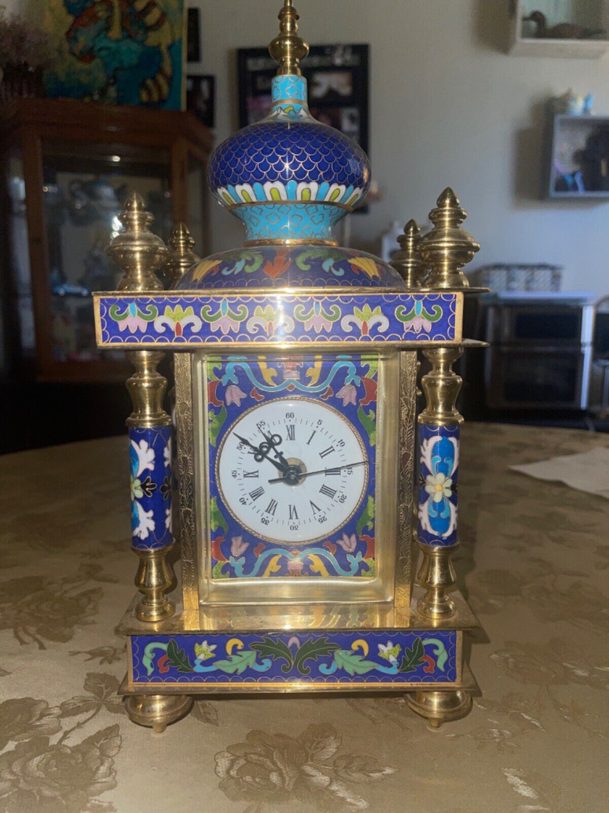 VTG 12.5” Chinese  Cloisonné Brass Enamel Blue Floral Mantle Carriage Clock #57