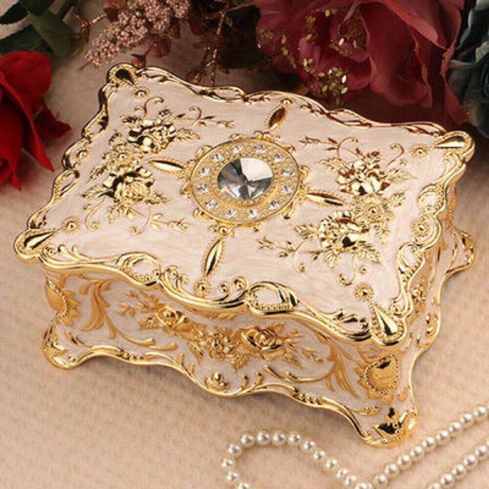 SANKYO RECTANGLE WHITE GOLD TIN ALLOY MUSIC BOX  ♫  BEAUTY AND THE BEAST    ♫