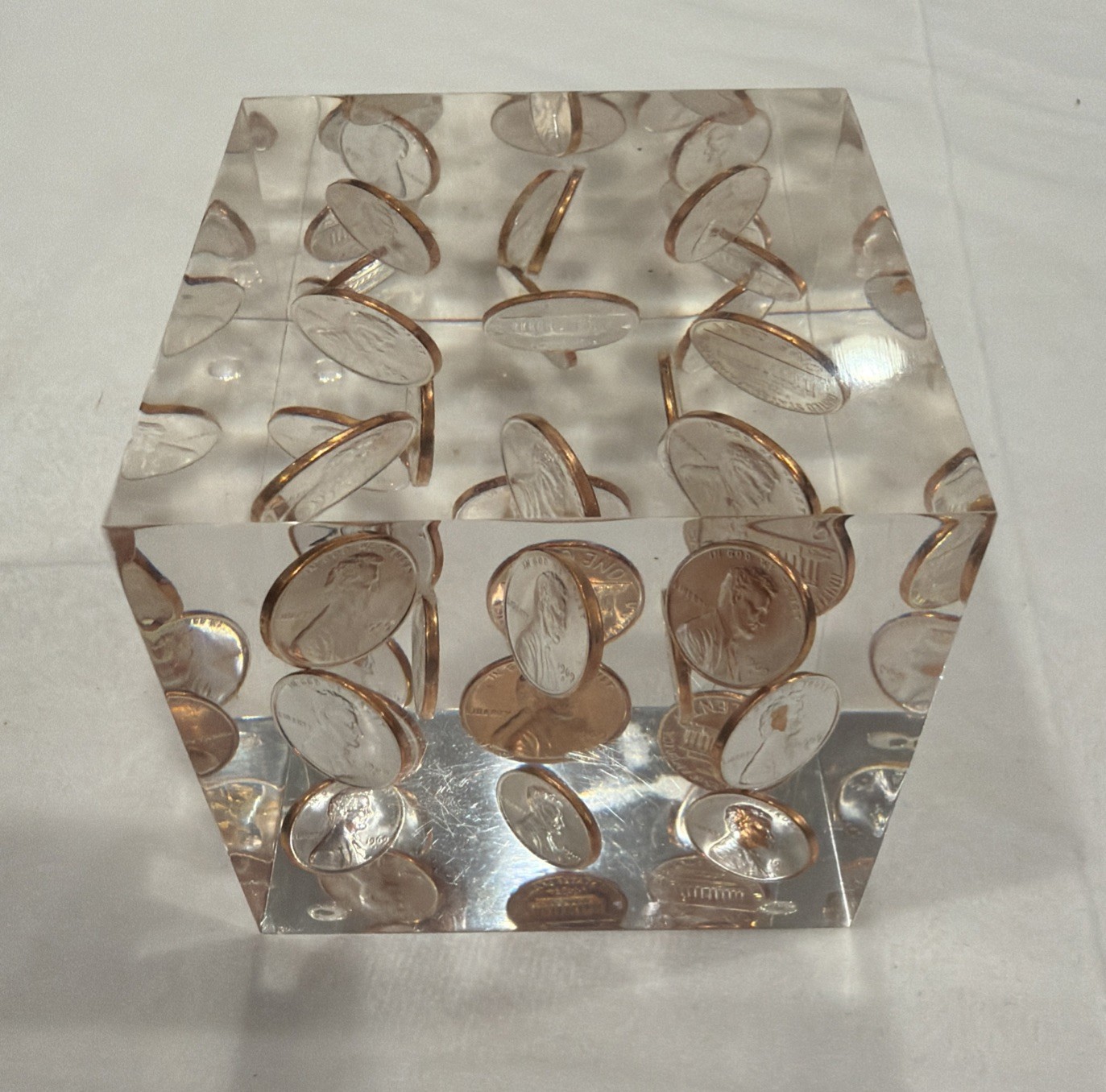 Vintage Lucite Paperweight 1969 Uncirculated Pennies 3" Cube Wonderful Condition Vintage Lucite Paperweight 1969 Uncirculated Pennies 3" Cube Wonderful Condition