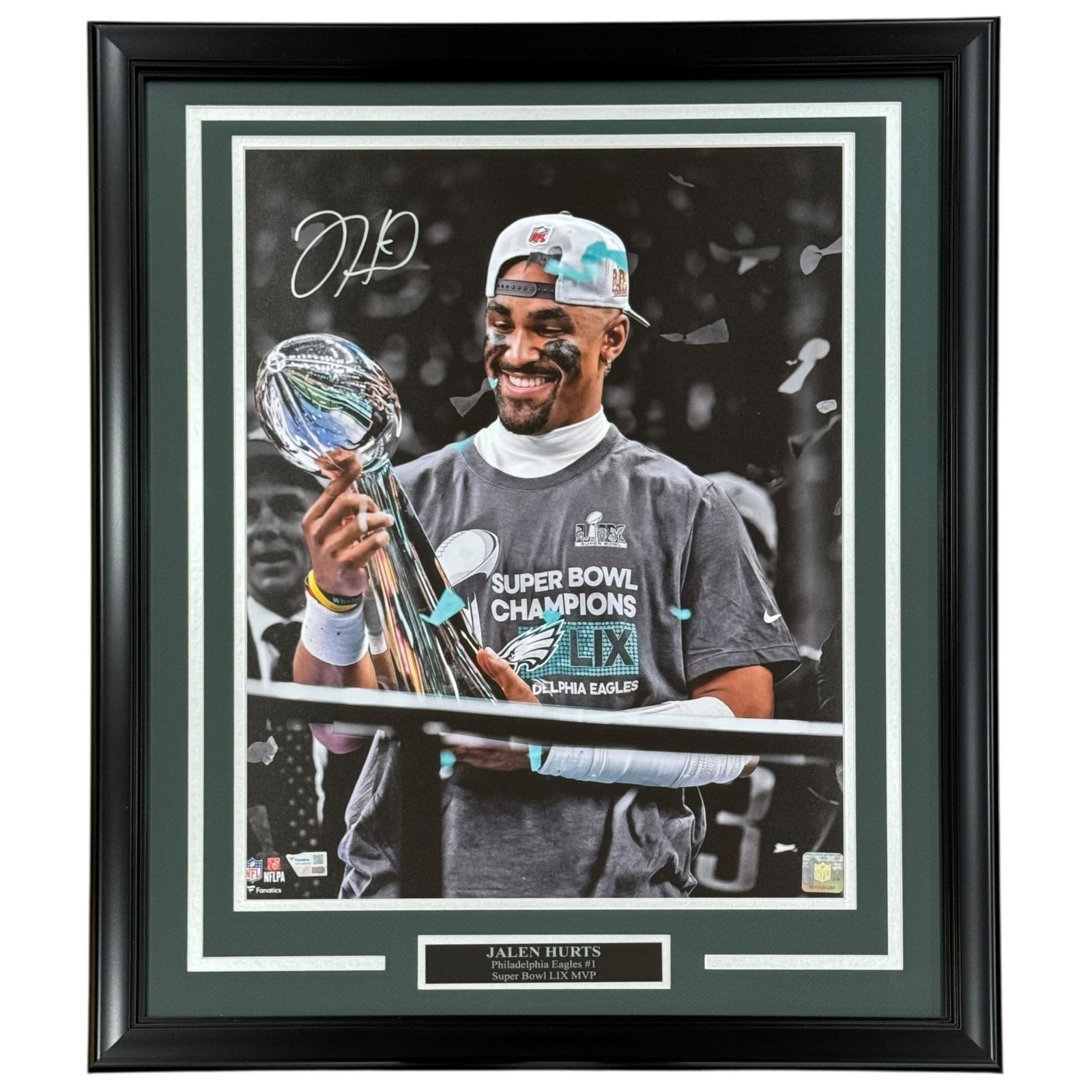 Jalen Hurts Autographed Philadelphia Eagles (Super Bowl) Deluxe Framed 16x20 Pho Jalen Hurts Autographed Philadelphia Eagles (Super Bowl) Deluxe Framed 16x20 Pho