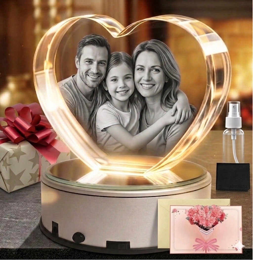 Large Heart 3D Crystal w/ Rotating LED Base, Custom Photo Gift for Mom,Memorial Large Heart 3D Crystal w/ Rotating LED Base, Custom Photo Gift for Mom,Memorial