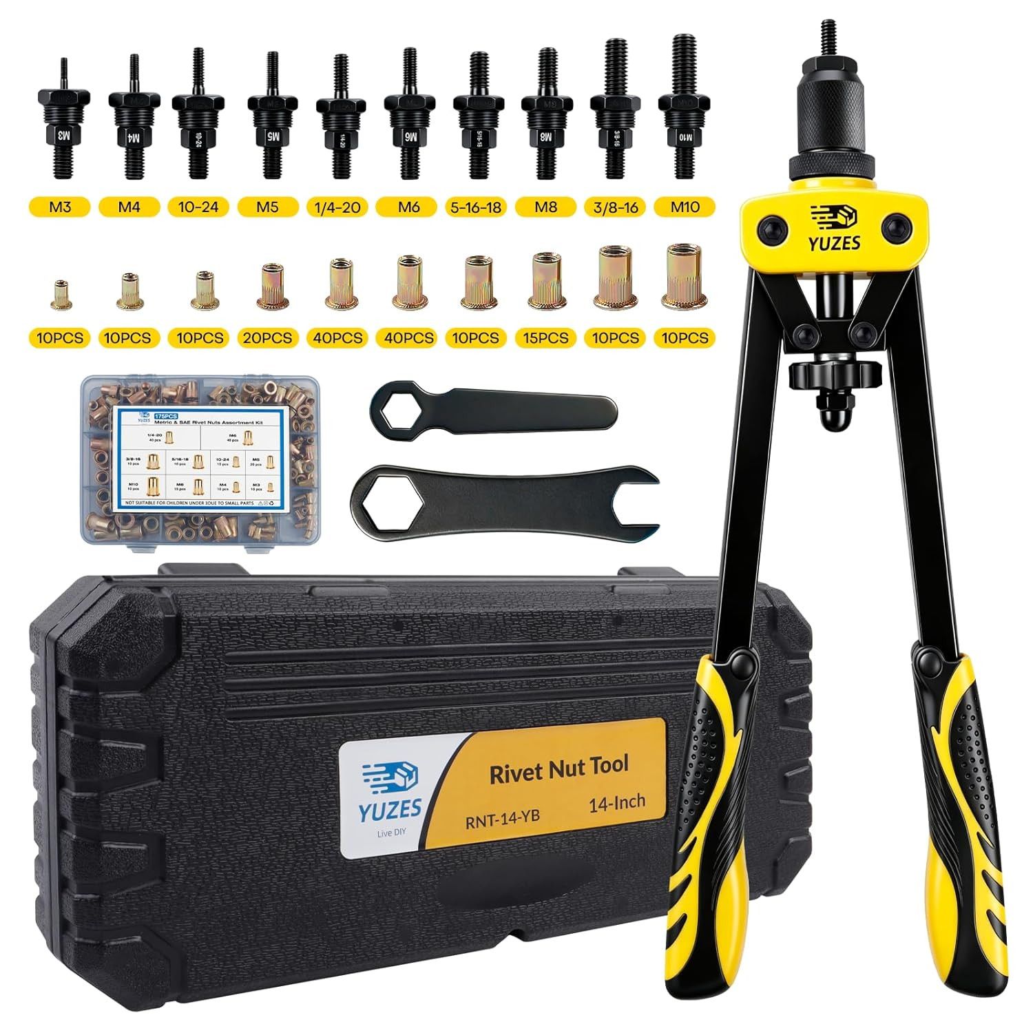 Rivet Nut Tool Kit, 14" Rivnut Tool with 11 Metric & SAE Mandrels Rivet Nut Tool Kit, 14" Rivnut Tool with 11 Metric & SAE Mandrels