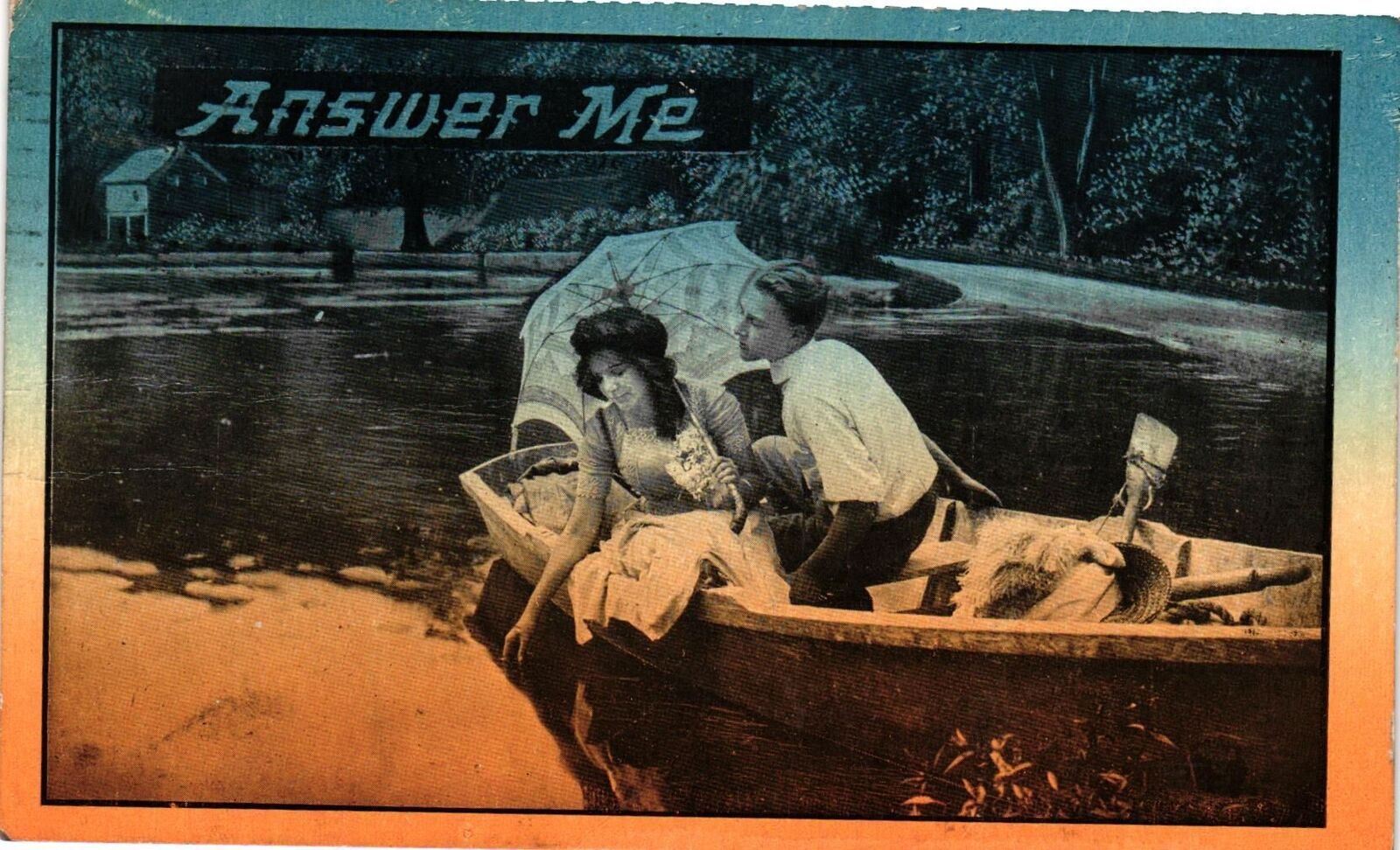 Vintage Postcard- ROMANTIC, ANSWER ME, COUPLE IN A BOAT Posted 1910