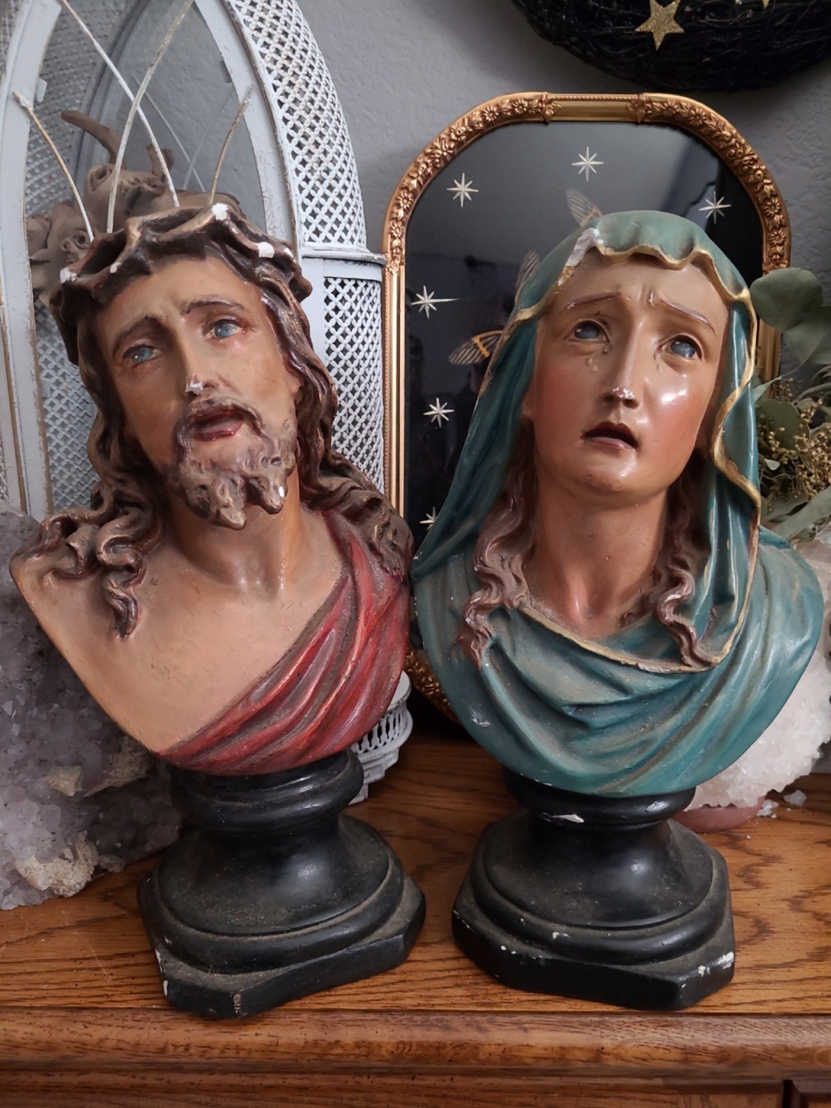 1940s Vintage Set 12" Chalkware Plaster Jesus Christ And Virgin Mary Busts 1940s Vintage Set 12" Chalkware Plaster Jesus Christ And Virgin Mary Busts
