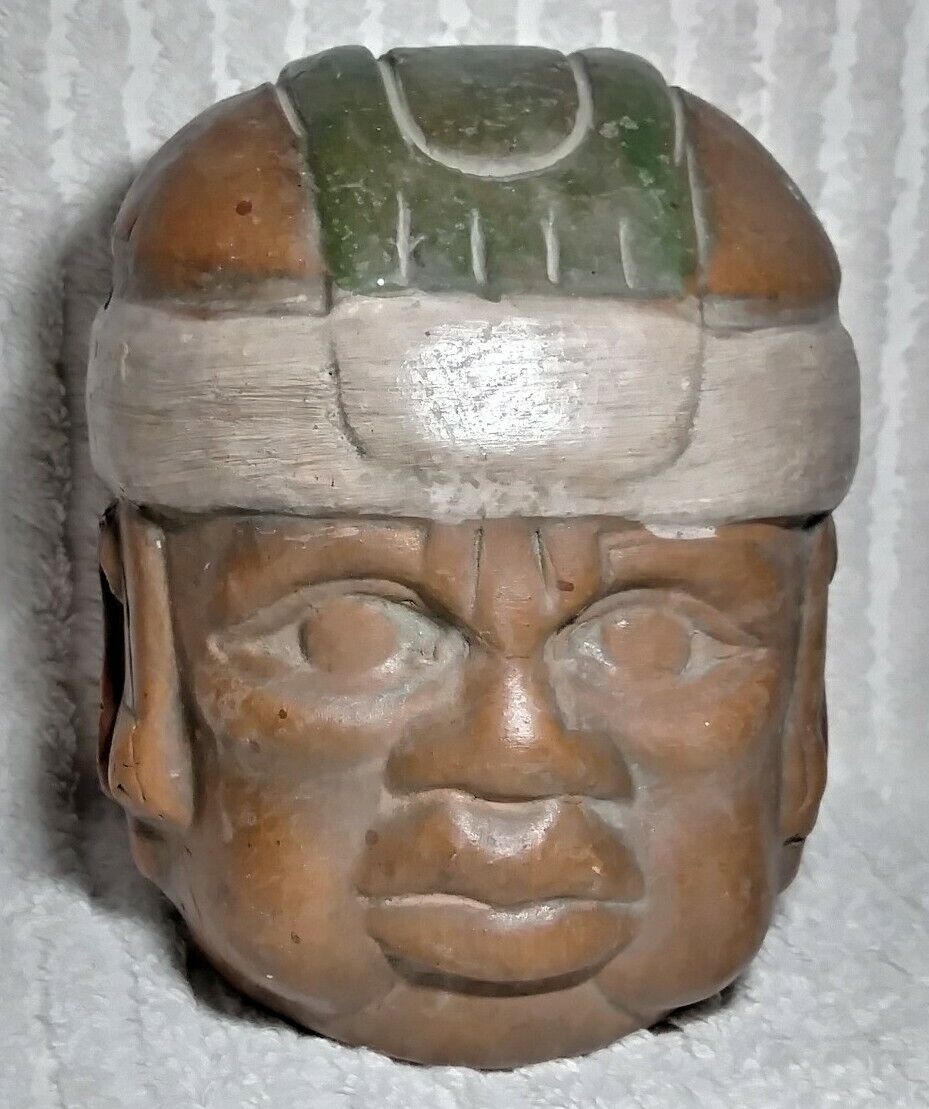 Vintage Olmec Head Statue Sculpture Helmut Terra Cotta Clay 5\