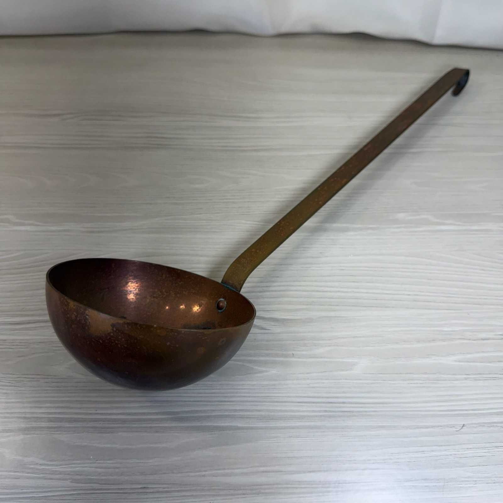 vintage copper soup ladle long handle hanging hook rustic patina