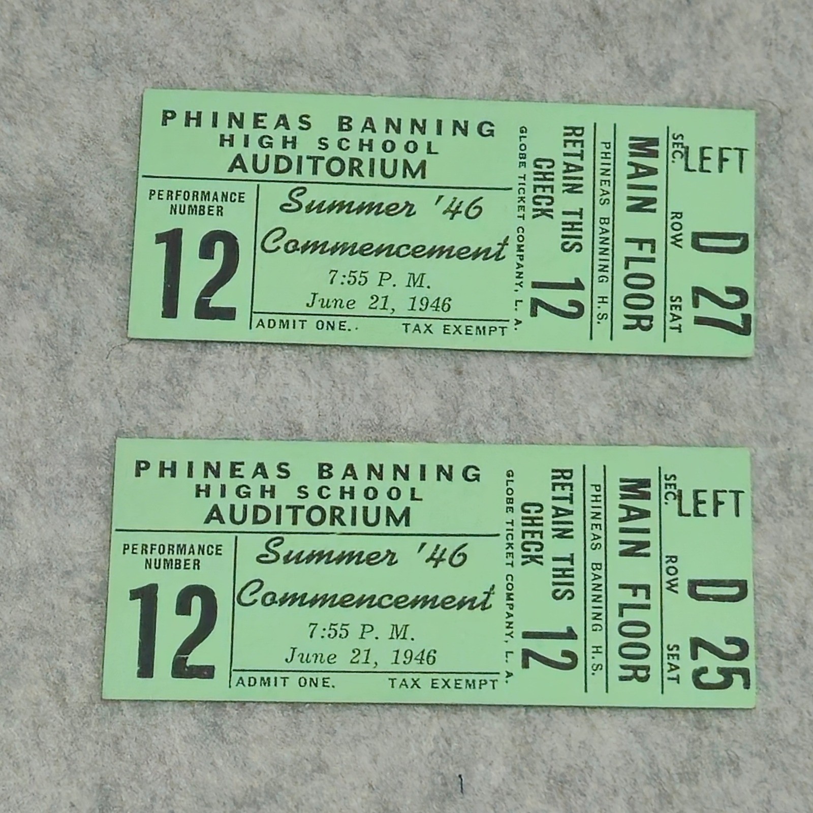 Vintage 1946 Phineas Banning High School Commencement Tickets Wilmington CA Vintage 1946 Phineas Banning High School Commencement Tickets Wilmington CA