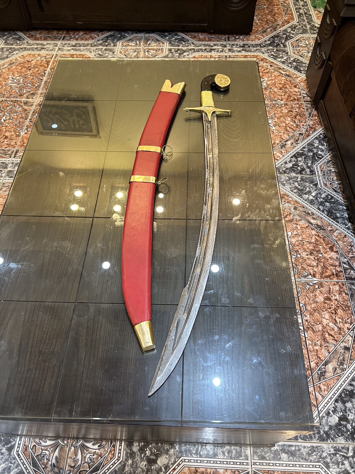 Handmade Damascus Ottoman Turkish Kilij With  Metal Red Scabbard Sharp Yalme