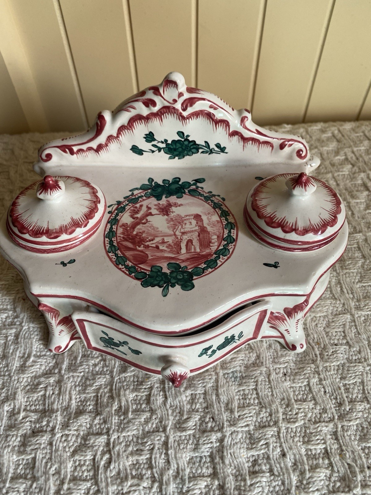 Antique Footed FRENCH FAIENCE Double Inkwell Hand Painted Pastoral Scene France Antique Footed FRENCH FAIENCE Double Inkwell Hand Painted Pastoral Scene France
