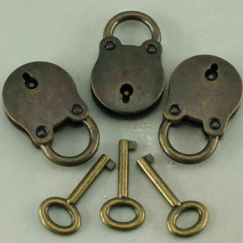 3 * Old Vintage Antique Style Mini Padlocks Key Lock Bronze Retro Jewelry Lock B 3 * Old Vintage Antique Style Mini Padlocks Key Lock Bronze Retro Jewelry Lock B