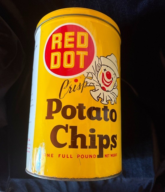 Vintage Large Red Dot Crisp Potato Chips Can Clown Graphic Red Dot Foods 1950's Vintage Large Red Dot Crisp Potato Chips Can Clown Graphic Red Dot Foods 1950's