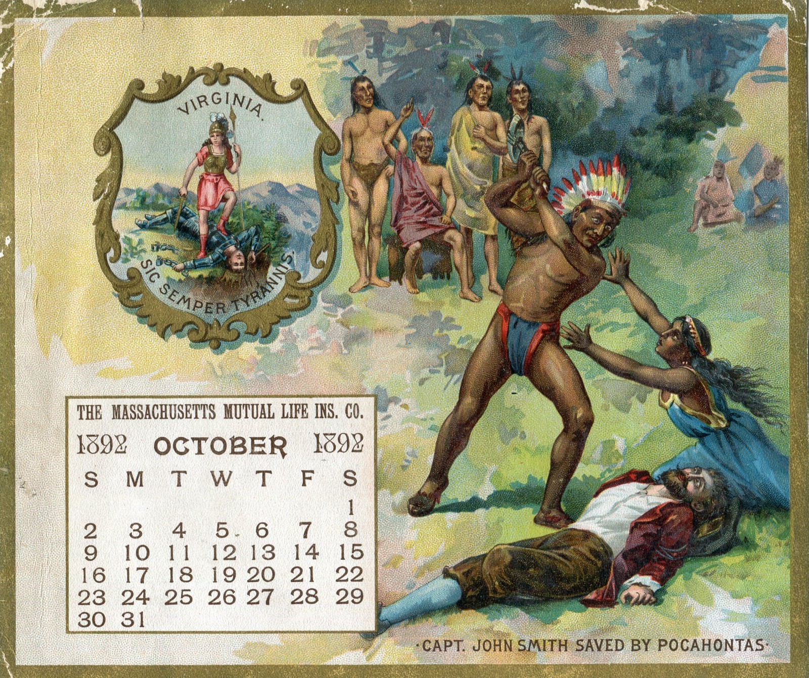 1892 Calendar Page Virginia Indians Captain John Smith Saved By Pocahontas WOW 1892 Calendar Page Virginia Indians Captain John Smith Saved By Pocahontas WOW