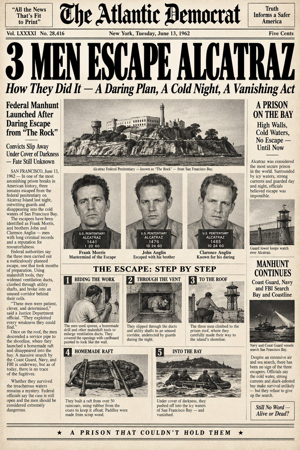 3 Men Escape Alcatraz Prison News Poster up to 24x36" 3 Men Escape Alcatraz Prison News Poster up to 24x36"