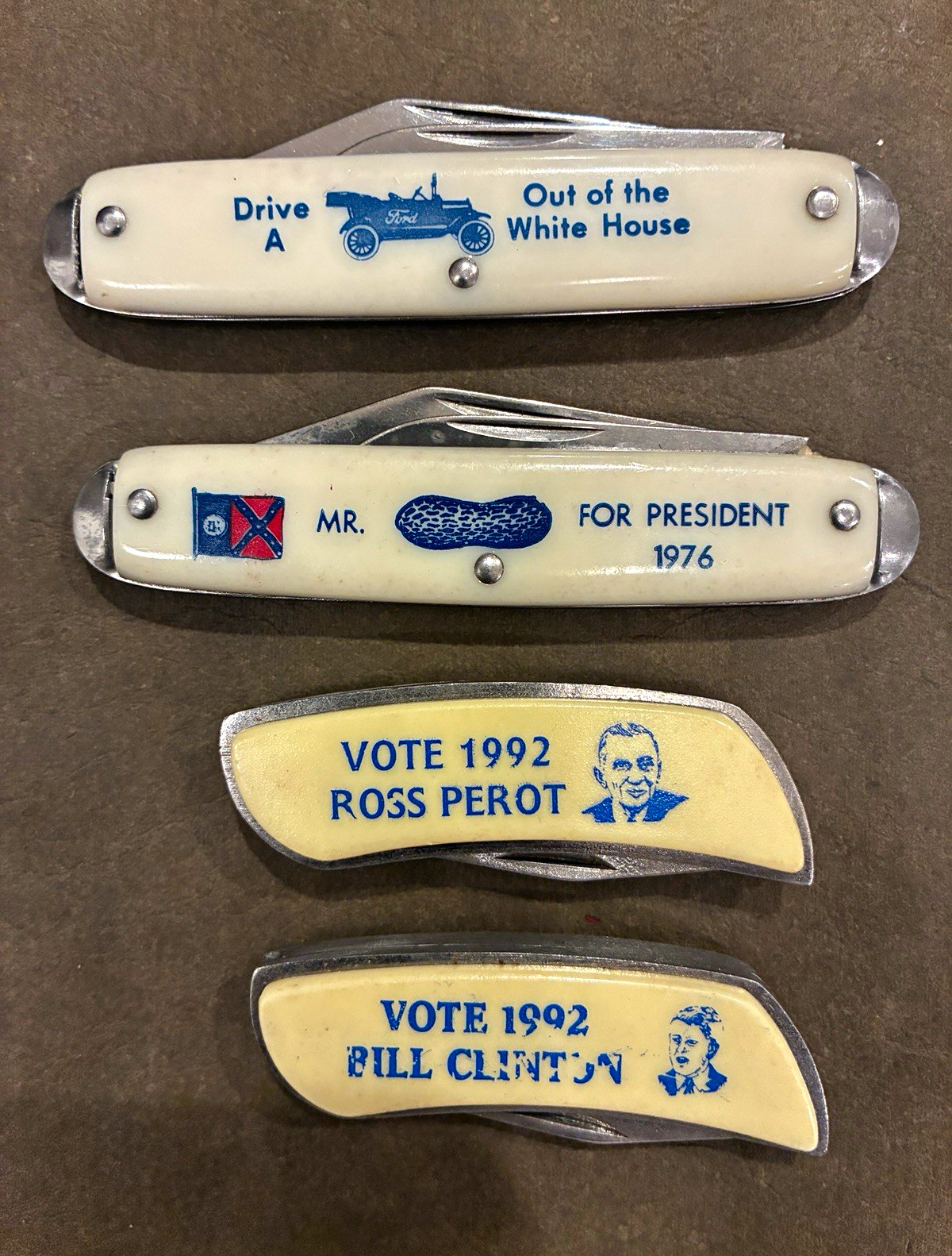 Lot of 4 Vintage Political Campaign Pocket Knives Carter Ford Perot Clinton Lot of 4 Vintage Political Campaign Pocket Knives Carter Ford Perot Clinton