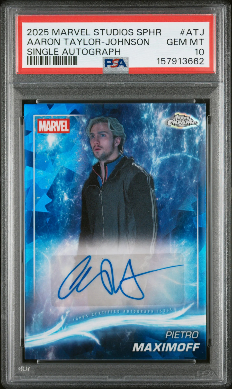 2025 Topps Marvel Studios Chrome Sapphire Aaron Taylor-Johnson Auto #ATJ PSA 10