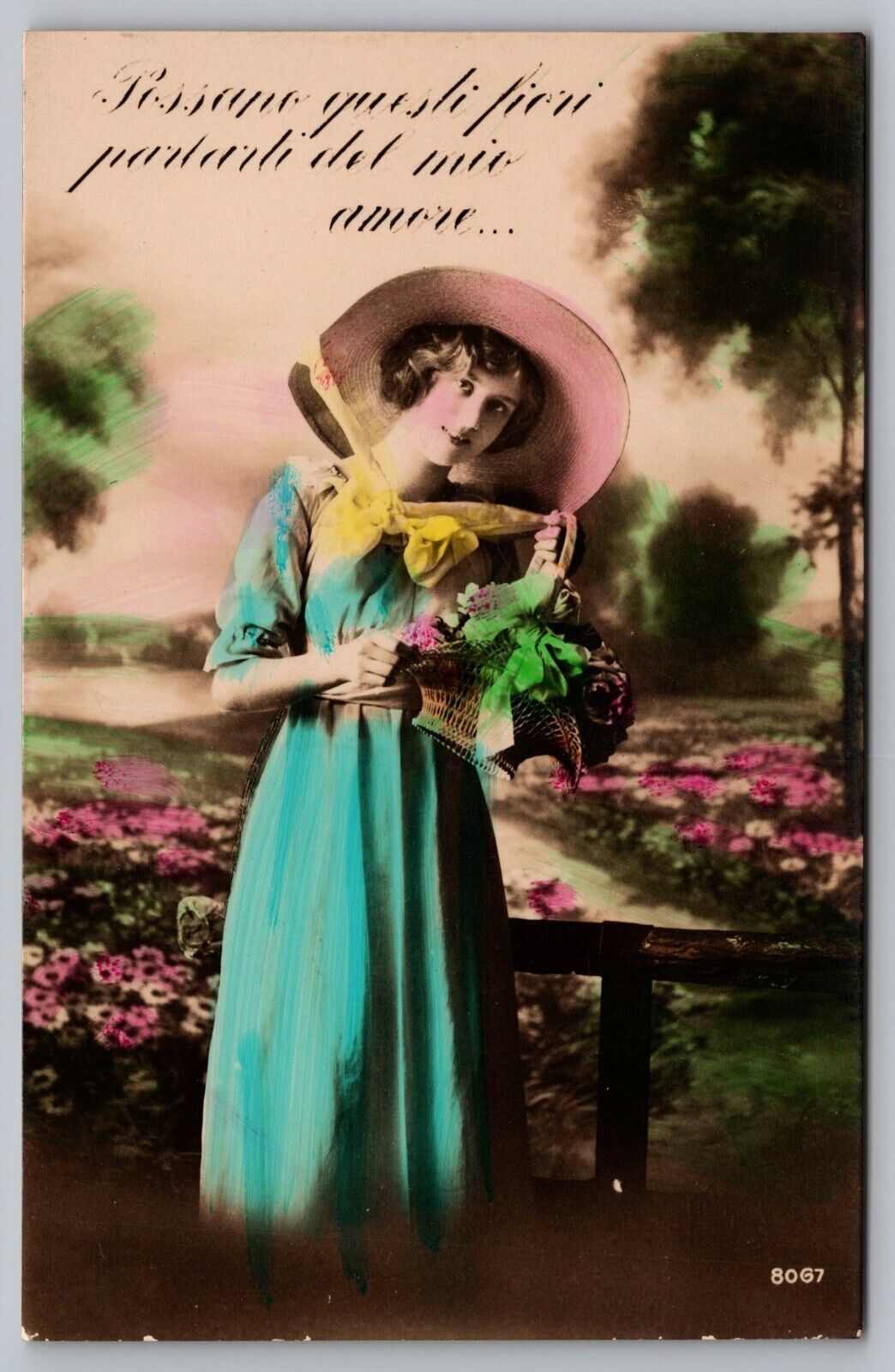 RPPC Postcard Fotocelere Beautiful Woman with Basket of Flowers Romantic Love