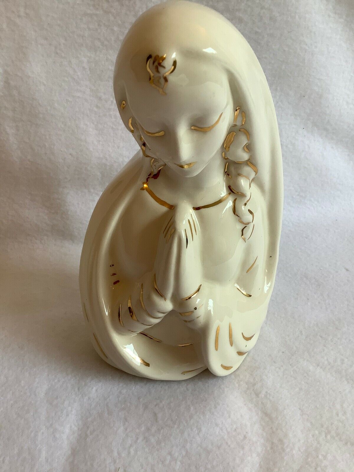 Madonna Bust, Ivory with Gold Trim Praying Home Decor Religious Mary Figurine